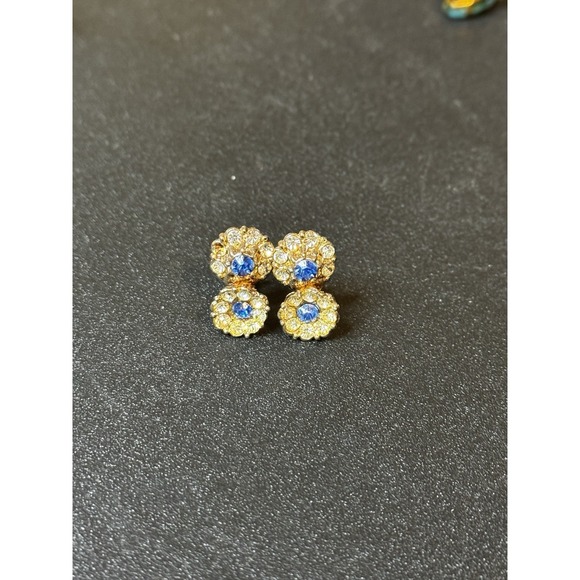 Vintage‎ Screw Back Rhinestone Earrings Gold Tone Blue Clear Rhinestones 1940s - Picture 2 of 5